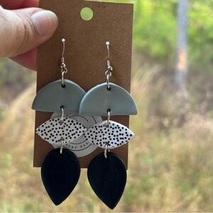 Handmade polymer clay earrings. Black and grey. Dangle. Silver tone.